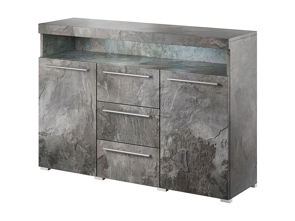 Sideboard 130cm BOMBAY in Schiefergrau. Integrierte, mehrfarbige LED-Beleuchtung.