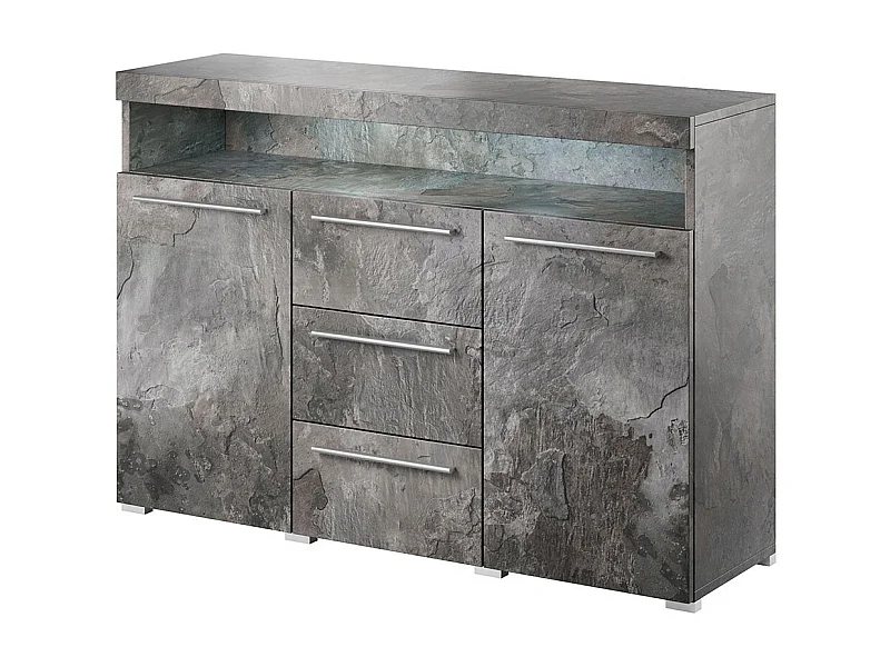 Sideboard 130cm BOMBAY in Schiefergrau. Integrierte, mehrfarbige LED-Beleuchtung.