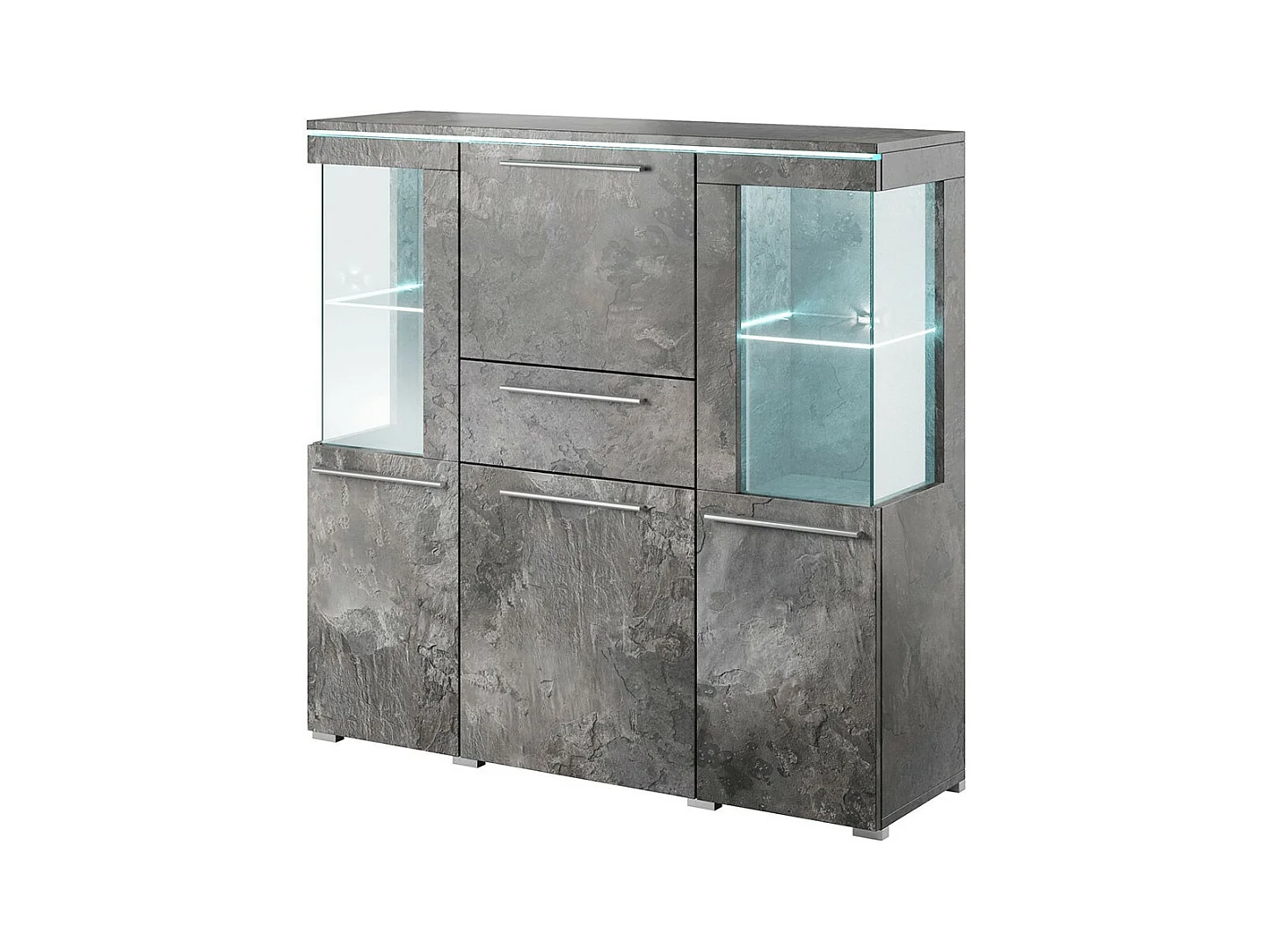 Hoge buffetkast BOMBAY in leisteen grijs effect. Ingebouwde multikleurige LED-verlichting.