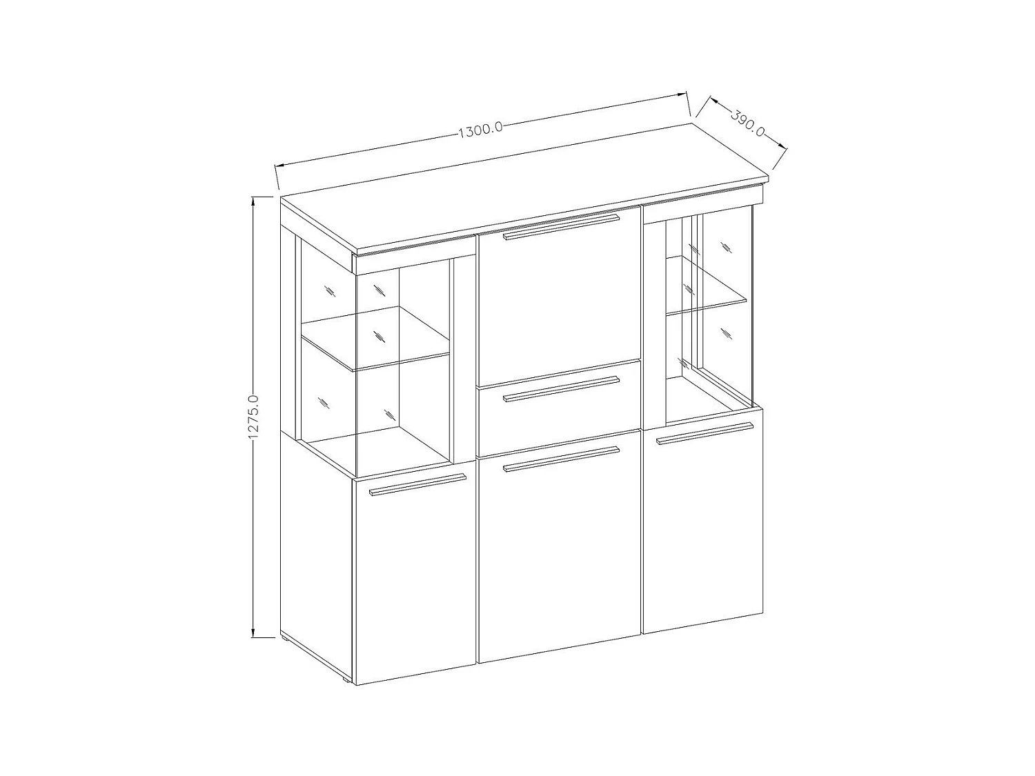 Hoge buffetkast BOMBAY in leisteen grijs effect. Ingebouwde multikleurige LED-verlichting.