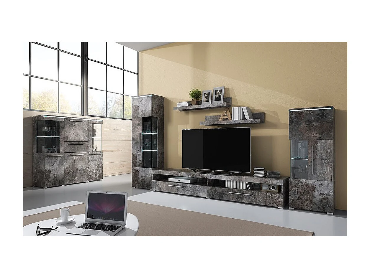 Buffet haut BOMBAY coloris gris effet ardoise. Éclairage LED multicolore intégré.