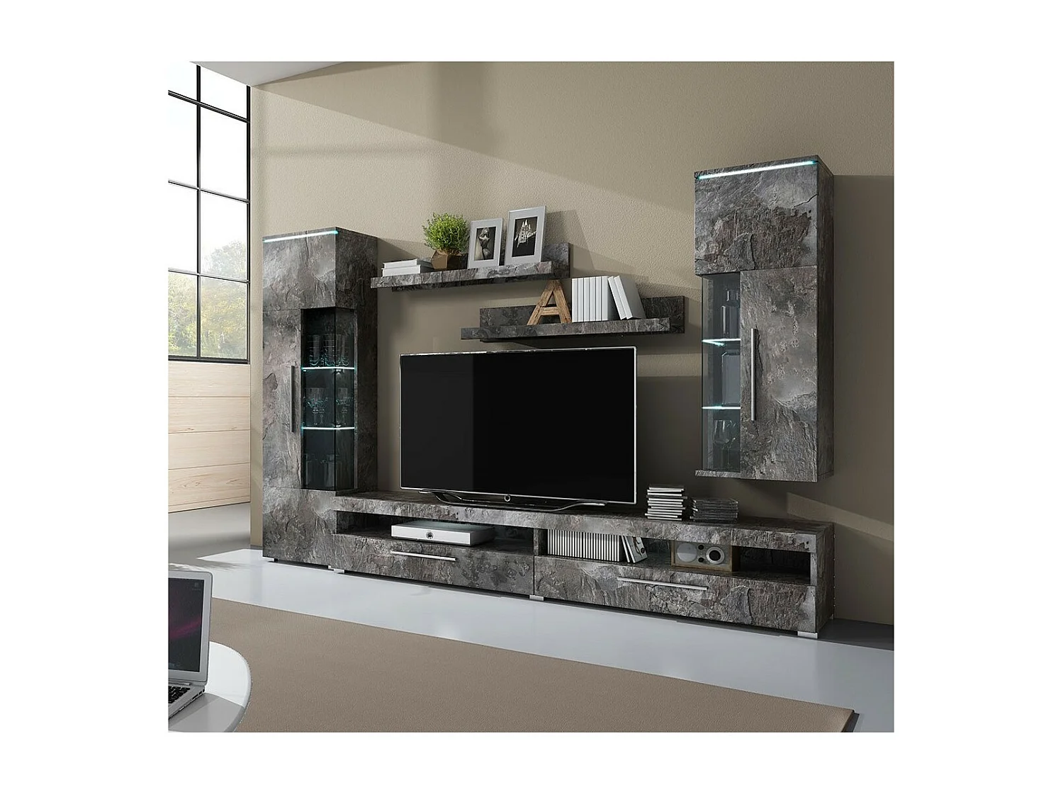 Ensemble de meubles de salon BOMBAY – Gris effet ardoise – 5 meubles design avec rangements