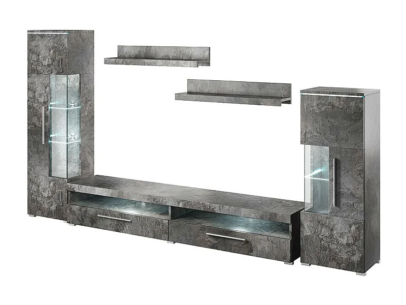 Zusammensetzung von 5 Designermöbeln für das Wohnzimmer in Schiefergrau aus der BOMBAY Kollektion.