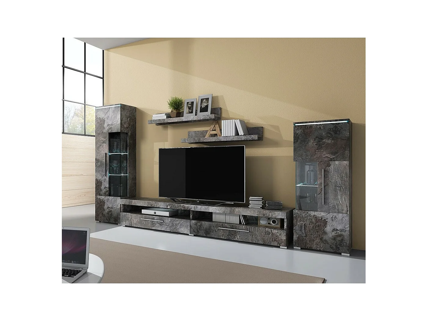 Composition de 5 meubles design pour salon coloris gris effet ardoise collection BOMBAY