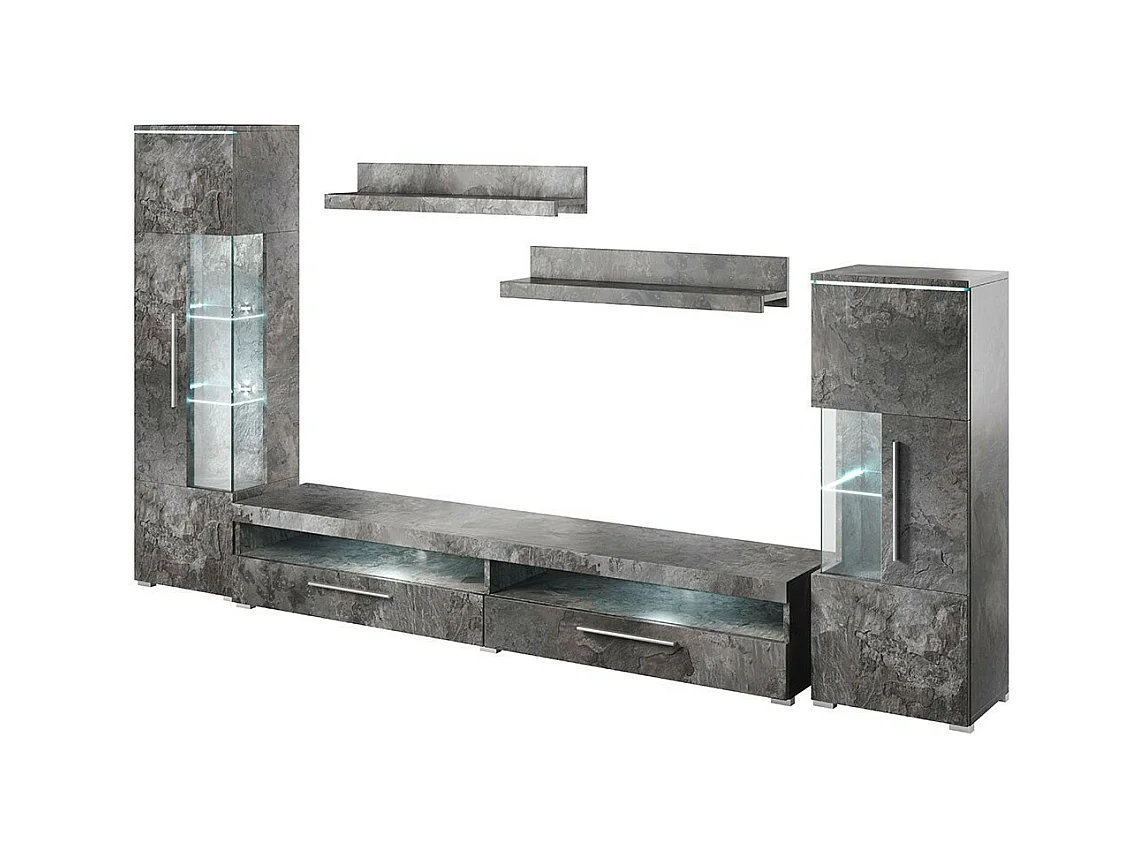 Zusammensetzung von 5 Designermöbeln für das Wohnzimmer in Schiefergrau aus der BOMBAY Kollektion.