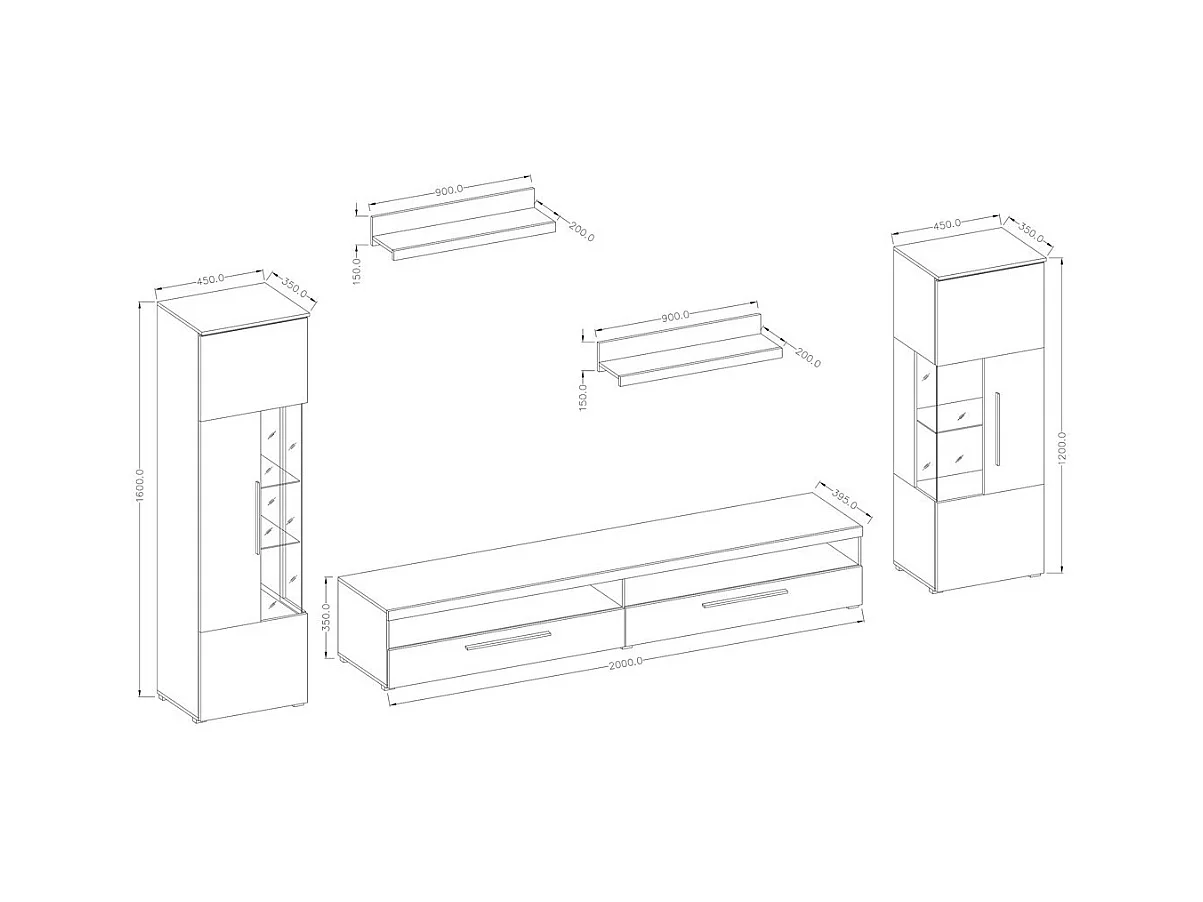 Zusammensetzung von 5 Designermöbeln für das Wohnzimmer in Schiefergrau aus der BOMBAY Kollektion.