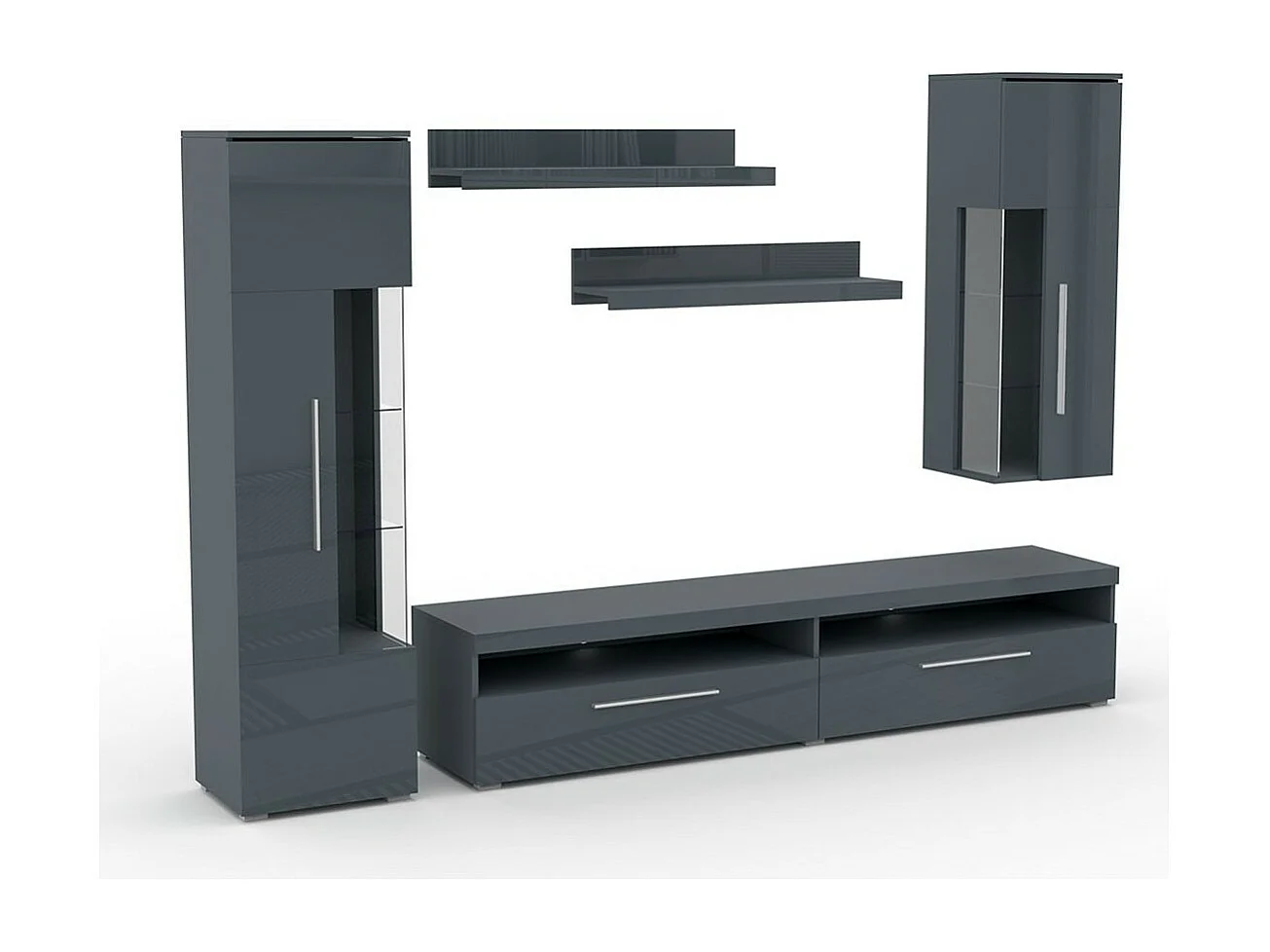 Zusammensetzung von 5 Möbelstücken für das Wohnzimmer in glänzendem Grau, Kollektion BOMBAY