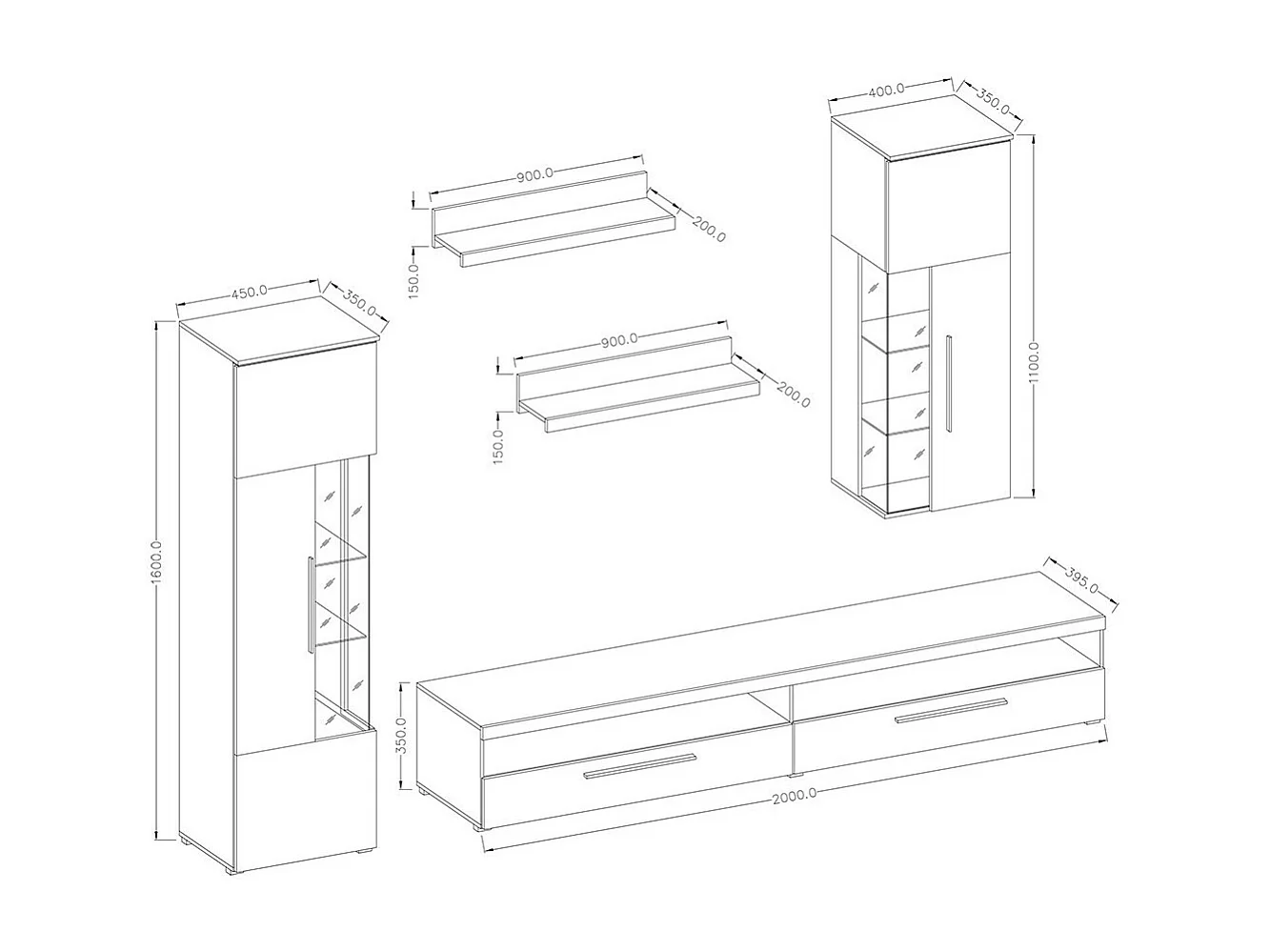Zusammensetzung von 5 Möbelstücken für das Wohnzimmer in glänzendem Grau, Kollektion BOMBAY