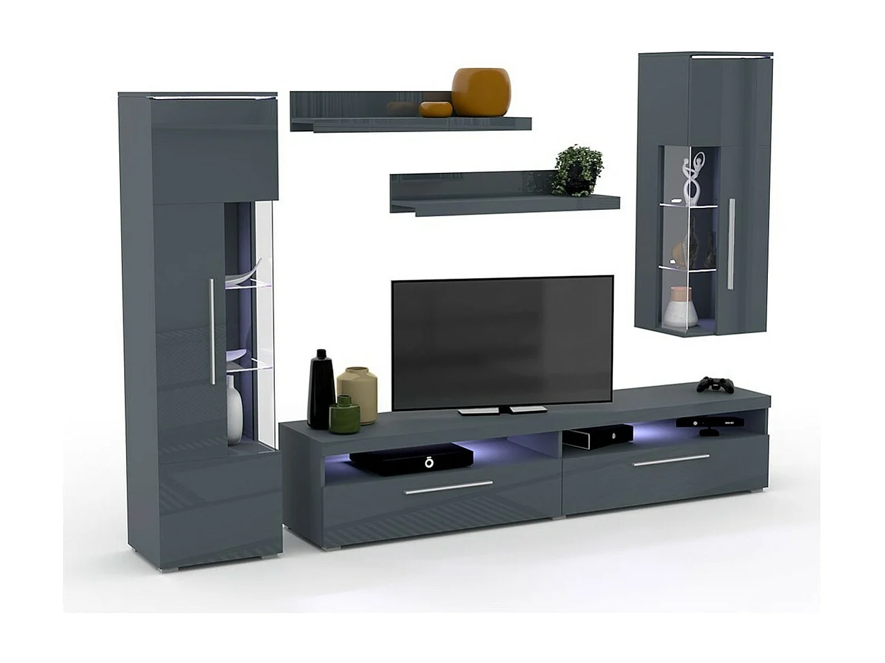 Zusammensetzung von 5 Möbelstücken für das Wohnzimmer in glänzendem Grau, Kollektion BOMBAY