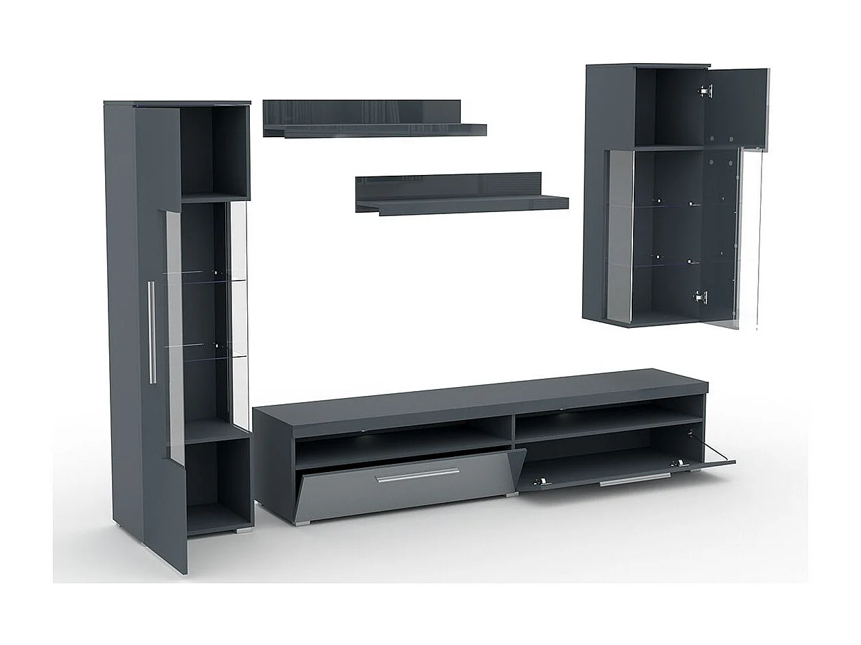 Zusammensetzung von 5 Möbelstücken für das Wohnzimmer in glänzendem Grau, Kollektion BOMBAY