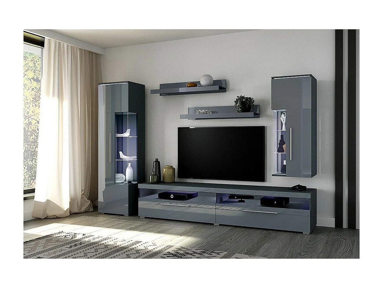 Zusammensetzung von 5 Möbelstücken für das Wohnzimmer in glänzendem Grau, Kollektion BOMBAY