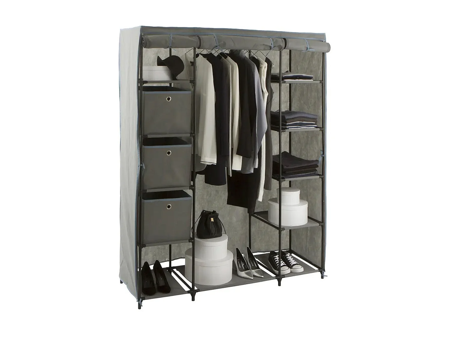 Armoire Penderie "11 Compartiments" 170cm Gris
