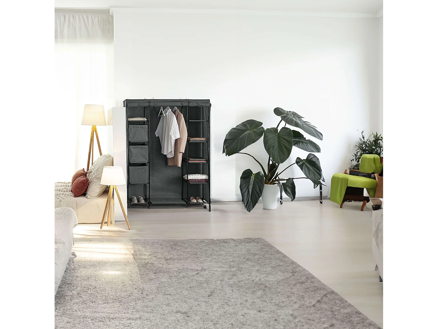 Armoire Penderie "11 Compartiments" 170cm Gris