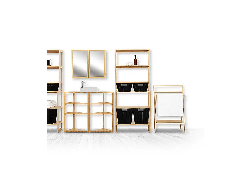 Porte-serviettes pliable 3 Barres et 1 Tablette en Bambou H 94 cm