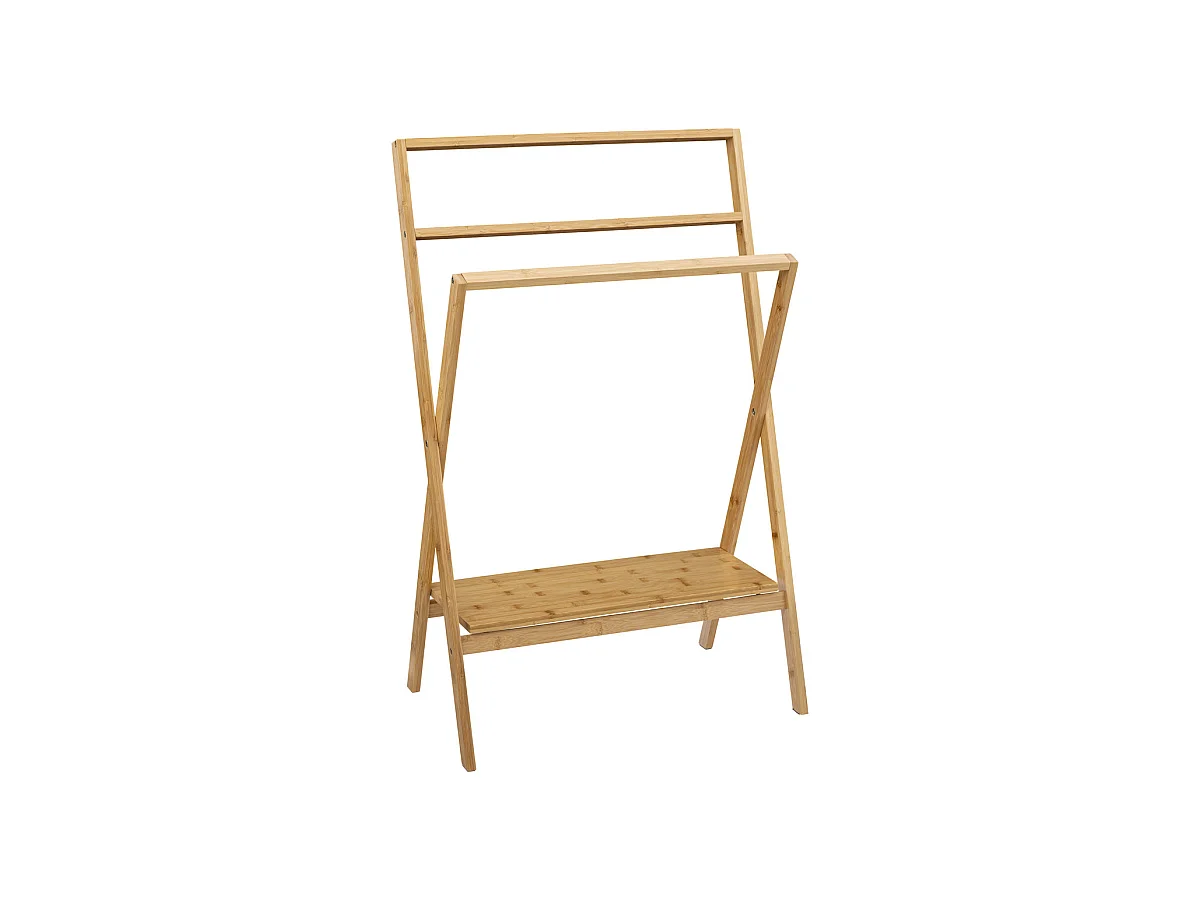 Porte-serviettes pliable 3 Barres et 1 Tablette en Bambou H 94 cm