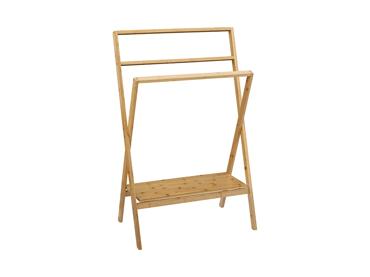Porte-serviettes pliable 3 Barres et 1 Tablette en Bambou H 94 cm