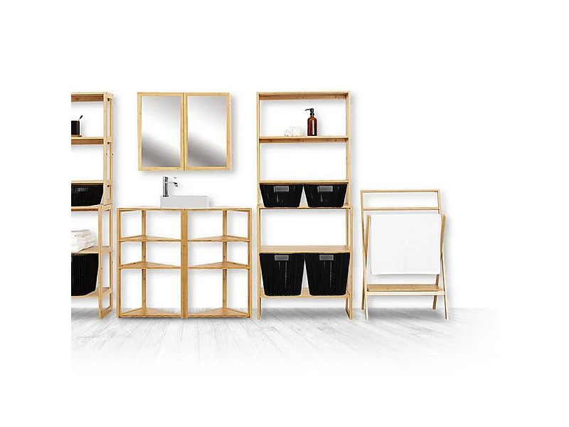 Porte-serviettes pliable 3 Barres et 1 Tablette en Bambou H 94 cm