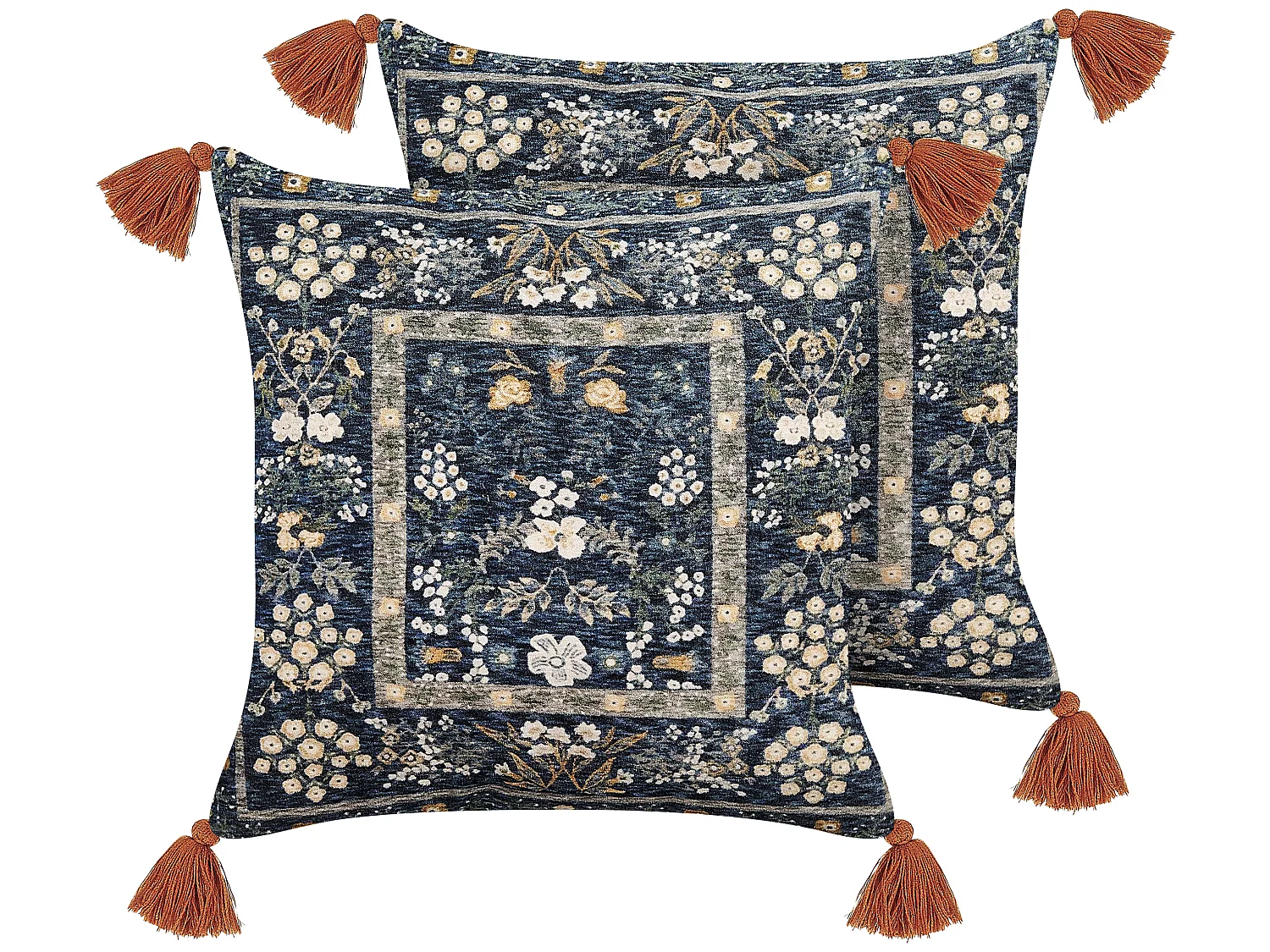 Dekokissen 2er Set mit Füllung Quasten Blumen Samt bunt / blau 45x45 cm Panax