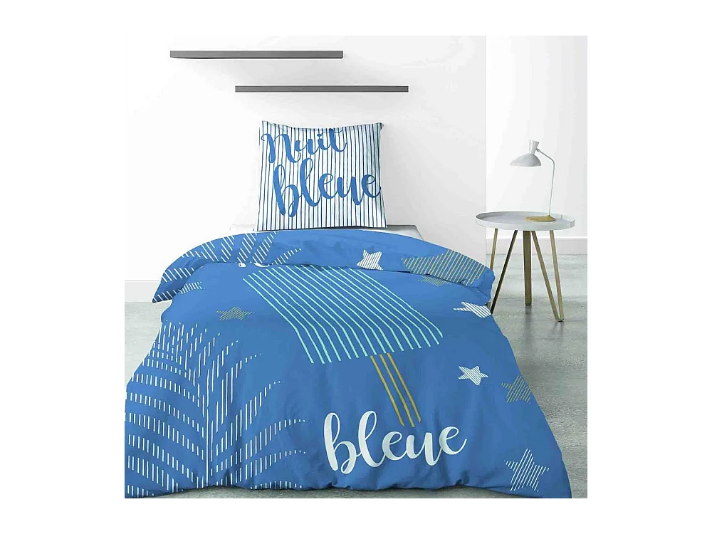 Housse de couette 140x200 cm + 1 taie d'oreiller 65x65 cm 100% Coton 47 fils Nuit Bleue