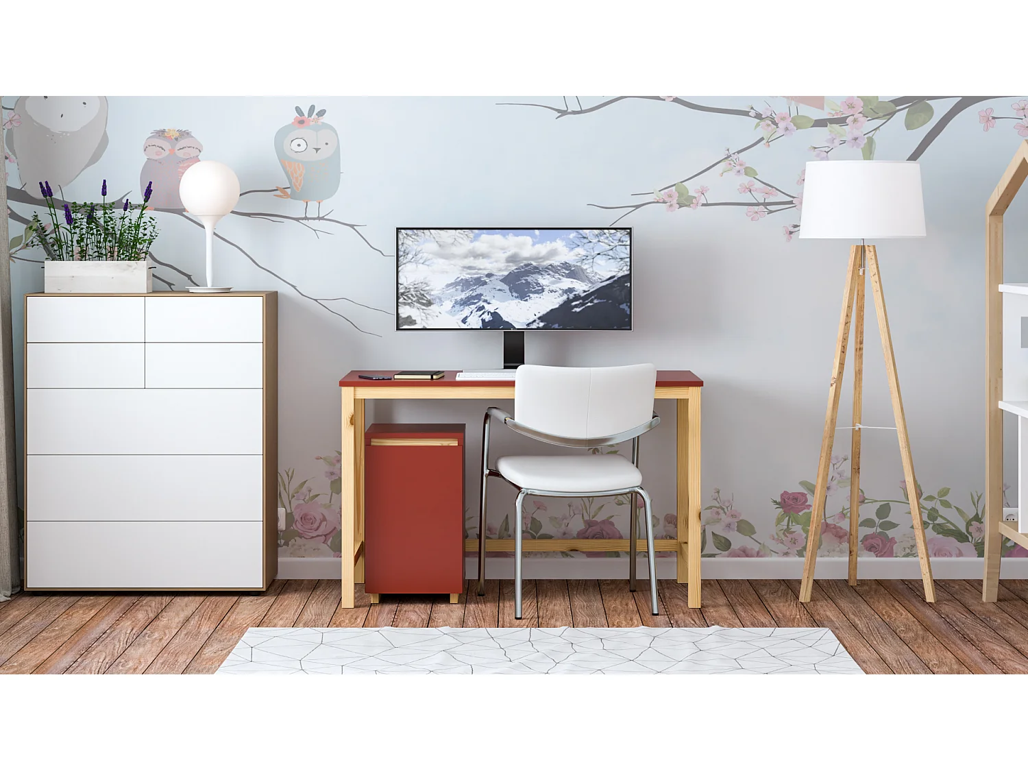 Bureau enfant en pin massif 120x60 rouge