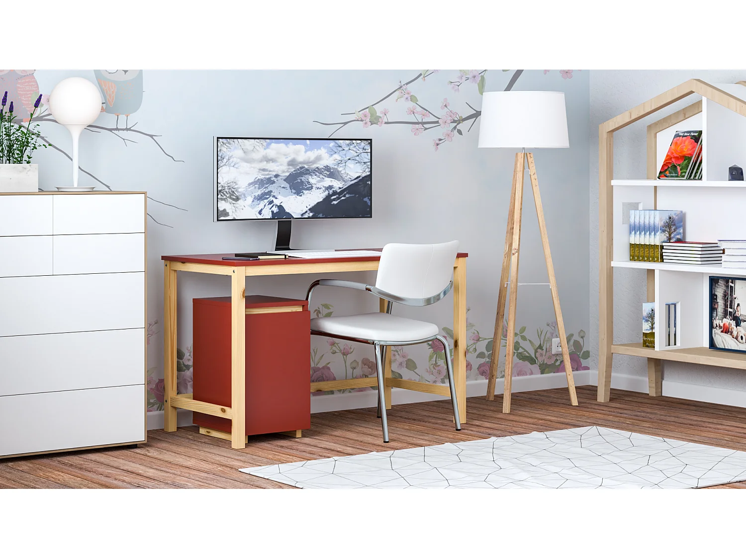 Bureau enfant en pin massif 120x60 rouge