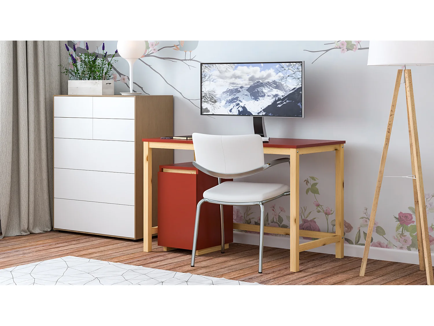 Bureau enfant en pin massif 120x60 rouge