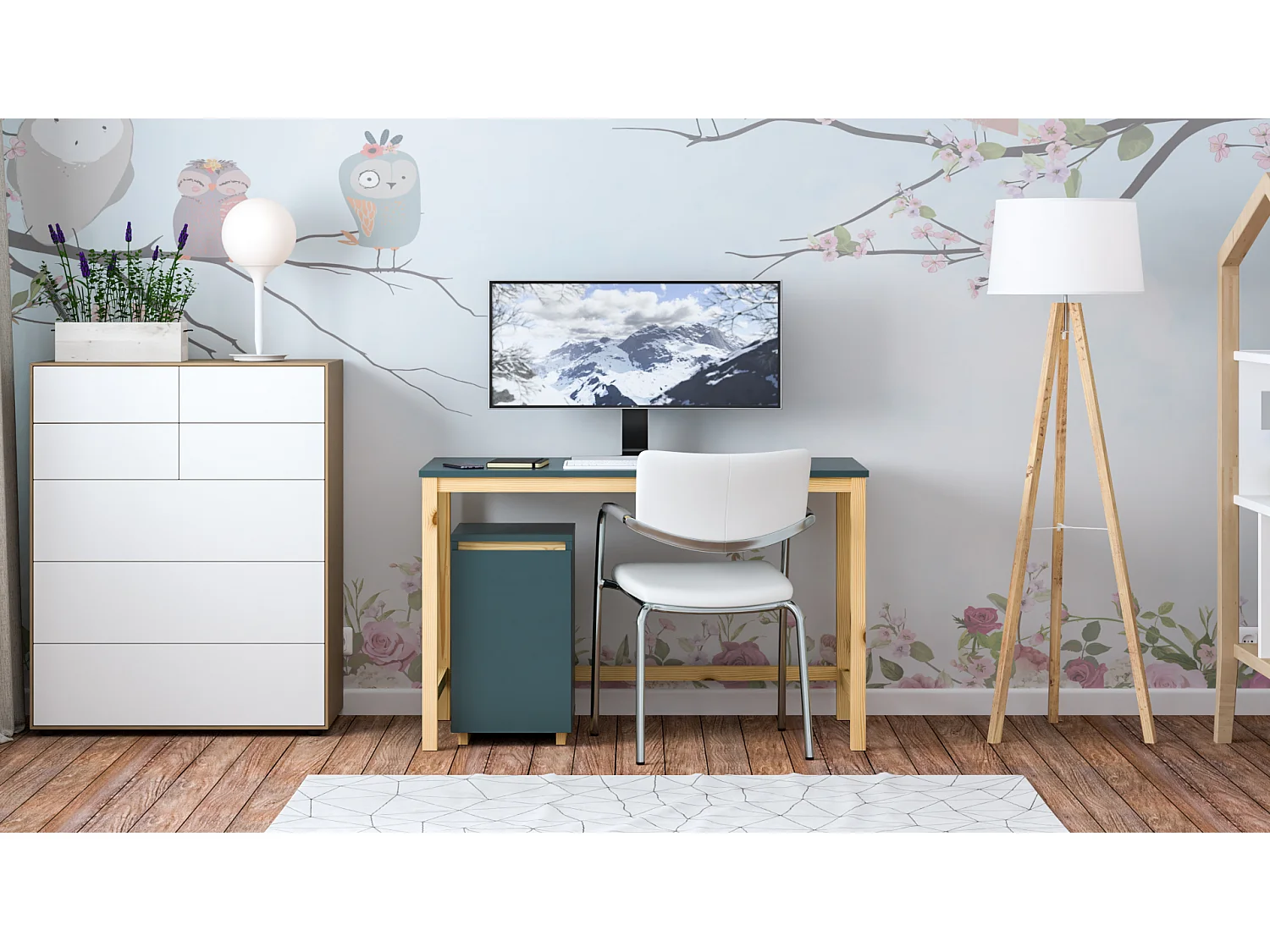 Bureau enfant en pin massif 120x60 blue