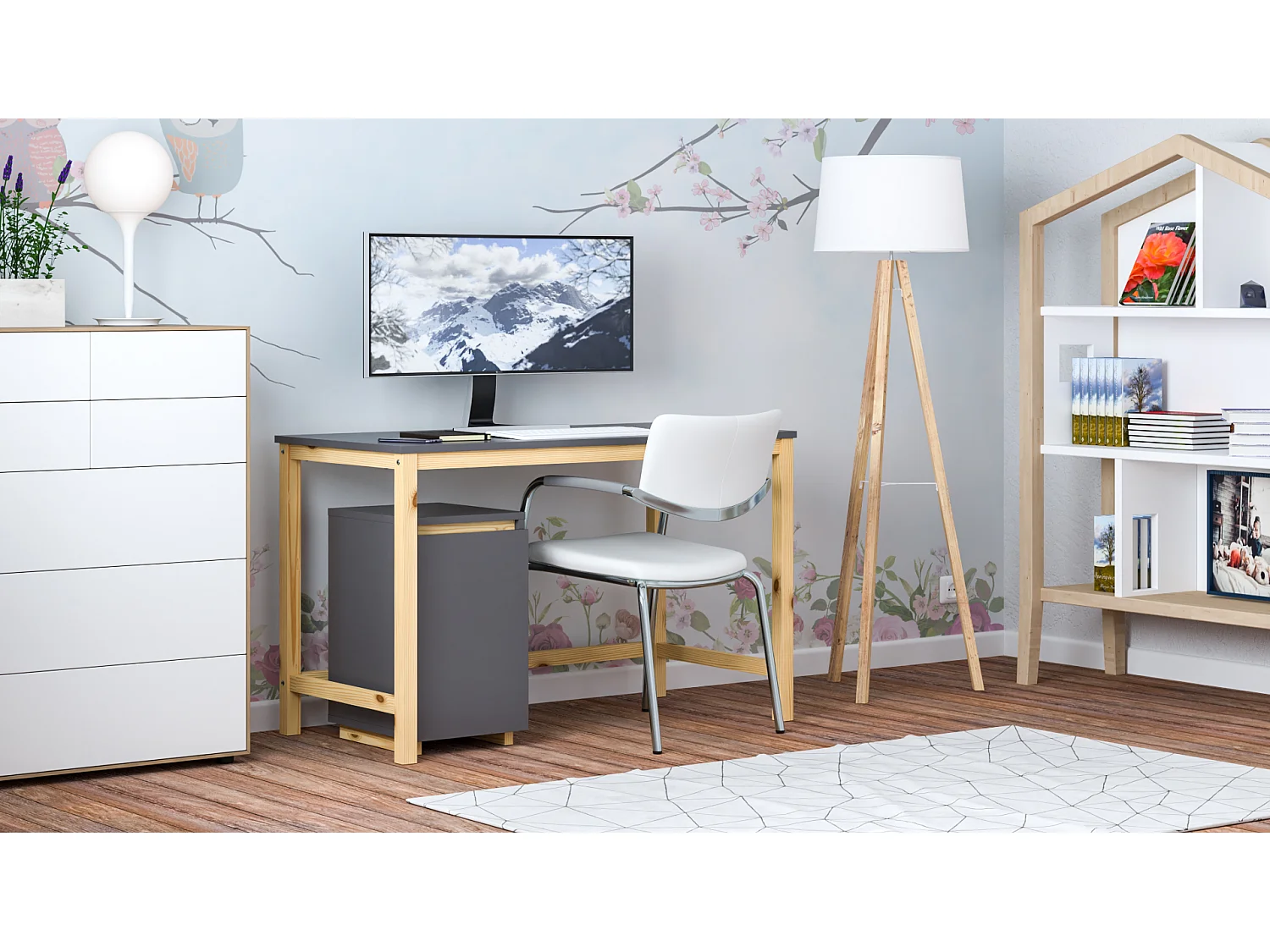 Bureau enfant en pin massif 120x60 gris foncé