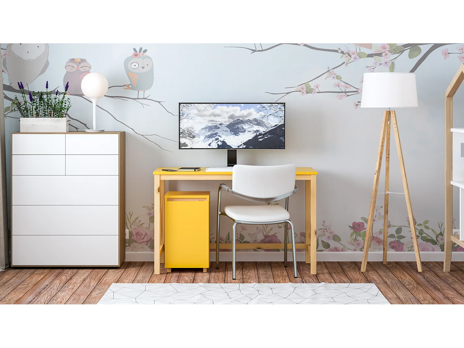 Bureau enfant en pin massif 120x60 jaune