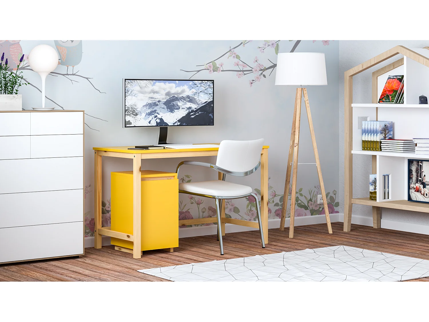 Bureau enfant en pin massif 120x60 jaune