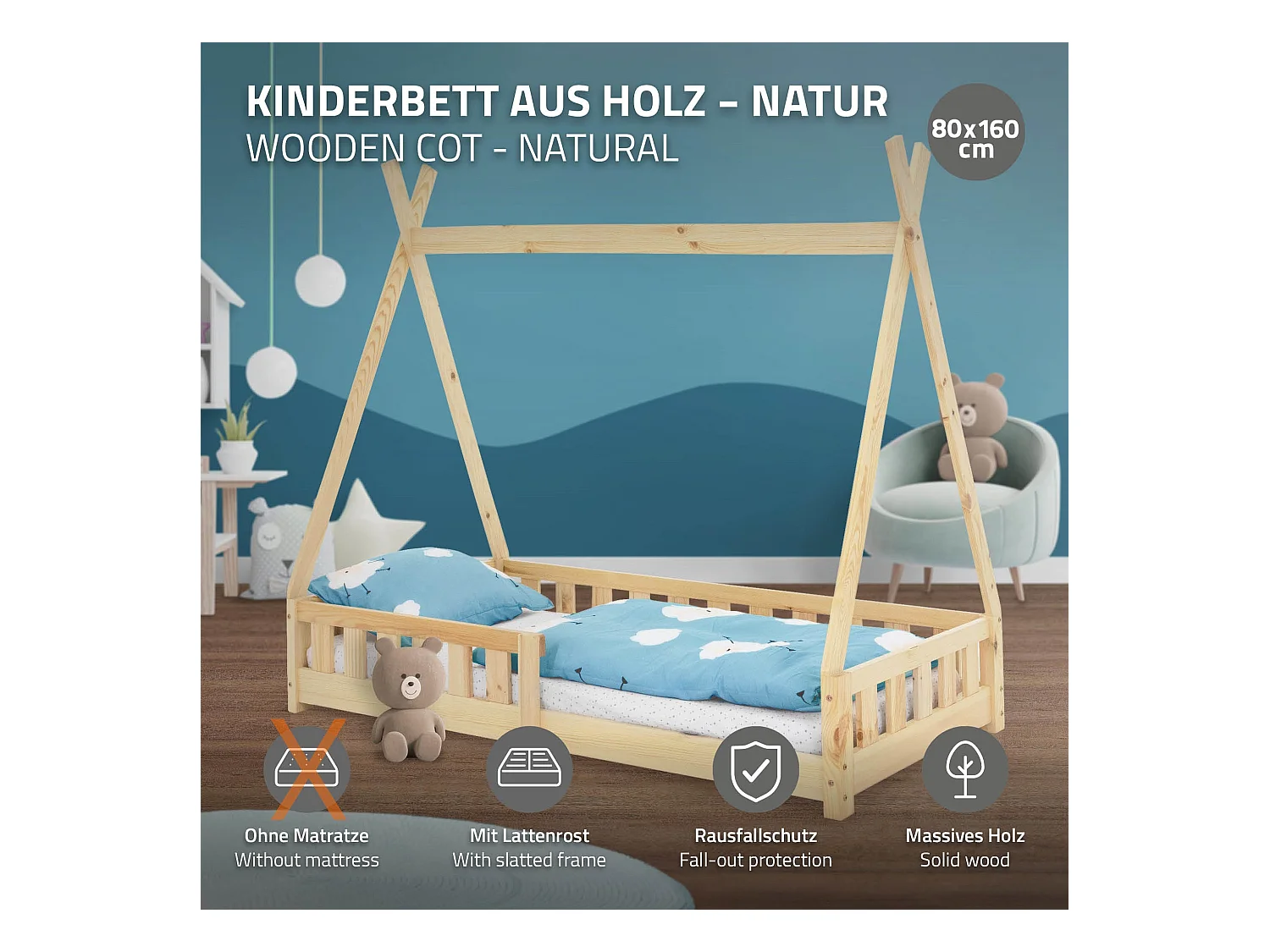 ML-Design Letto tepee per bambini 80x 160 cm con sponde, lettino tenda indiana da gioco in legno di pino massiccio naturale per cameretta bimbi