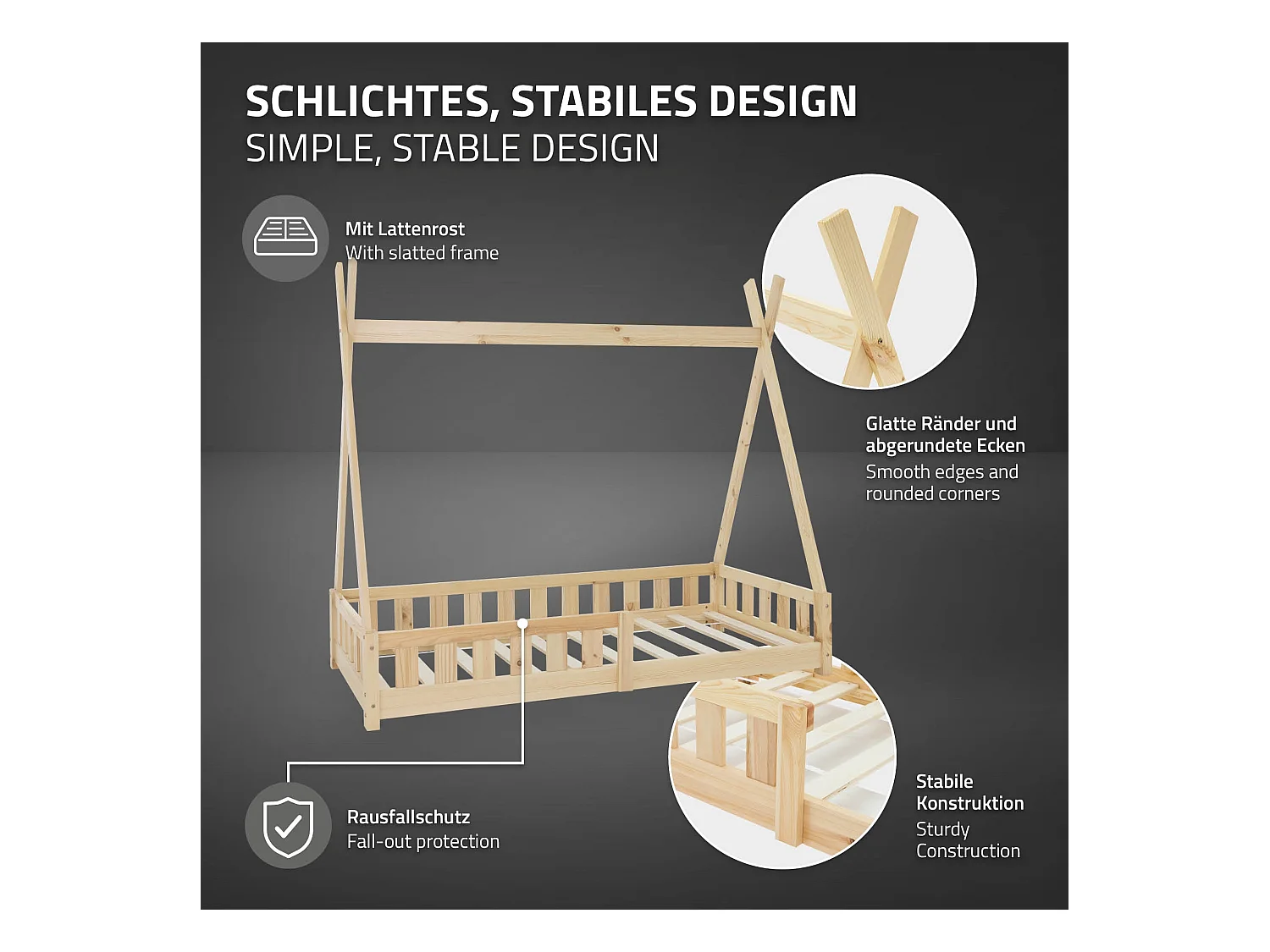 ML-Design Letto tepee per bambini 80x 160 cm con sponde, lettino tenda indiana da gioco in legno di pino massiccio naturale per cameretta bimbi