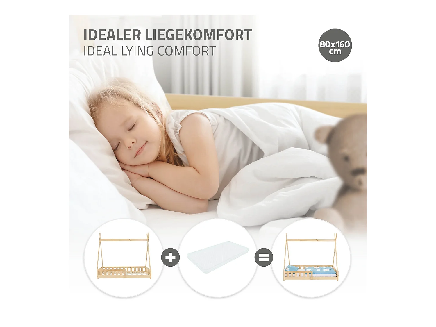 ML-Design Letto tepee per bambini 80x 160 cm con sponde, lettino tenda indiana da gioco in legno di pino massiccio naturale per cameretta bimbi