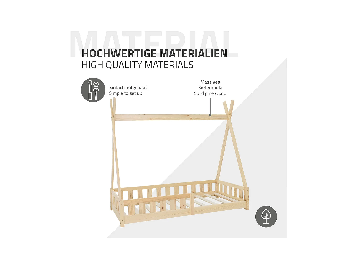 ML-Design Letto tepee per bambini 80x 160 cm con sponde, lettino tenda indiana da gioco in legno di pino massiccio naturale per cameretta bimbi