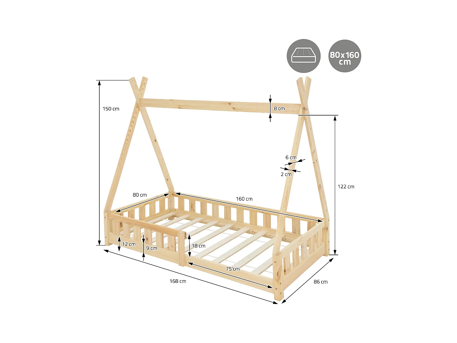 ML-Design Letto tepee per bambini 80x 160 cm con sponde, lettino tenda indiana da gioco in legno di pino massiccio naturale per cameretta bimbi