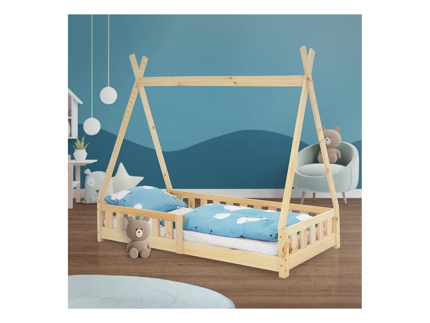 ML-Design Letto tepee per bambini 80x 160 cm con sponde, lettino tenda indiana da gioco in legno di pino massiccio naturale per cameretta bimbi