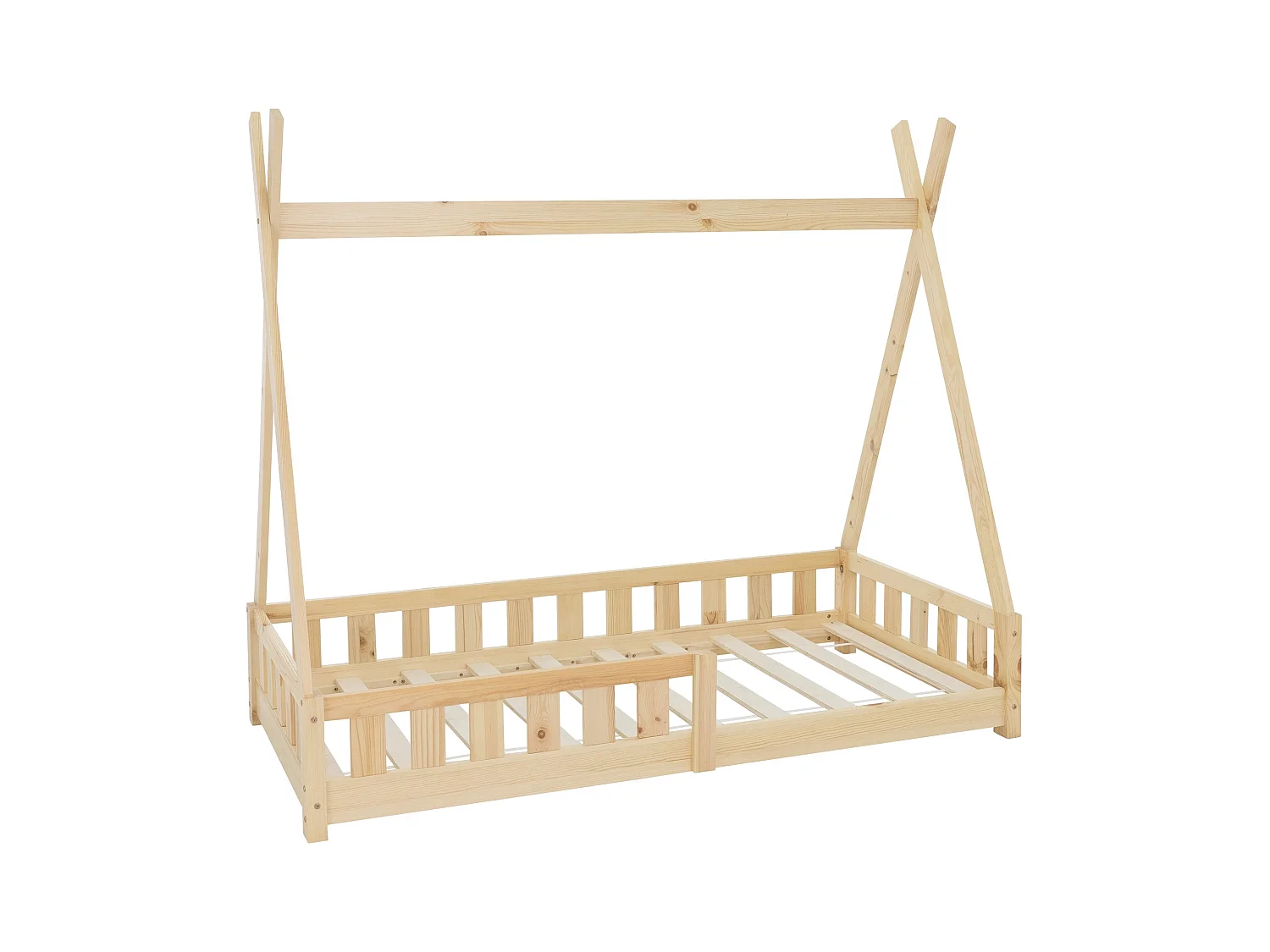 Lit d'enfants Tipi 80x160cm naturel style maison avec clôture et sommier à lattes grille de sécurité en bois de pin tente indien de jeu filles/garçons