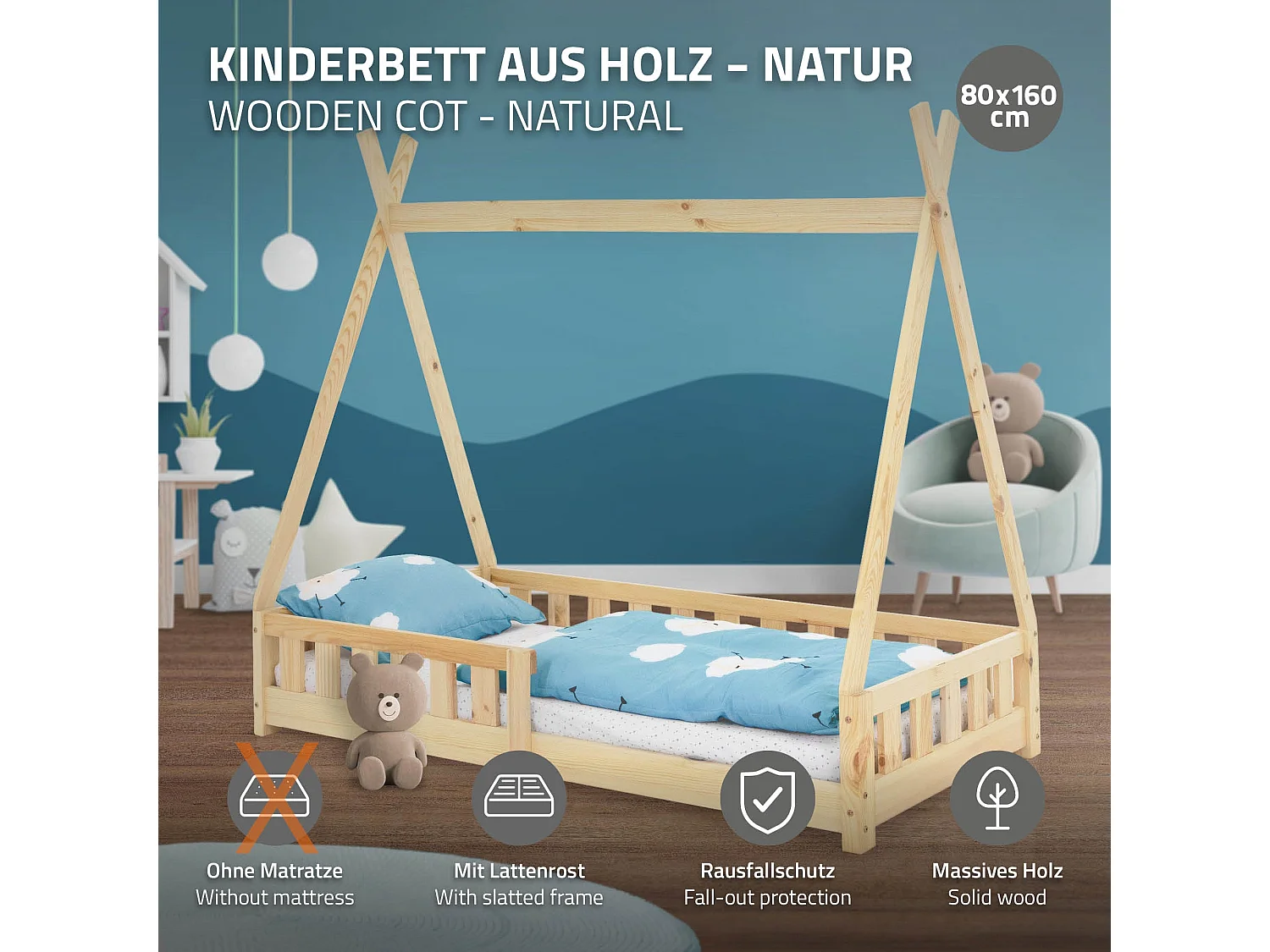 ML-Design Letto tepee per bambini 80x 160 cm con sponde, lettino tenda indiana da gioco in legno di pino massiccio naturale per cameretta bimbi