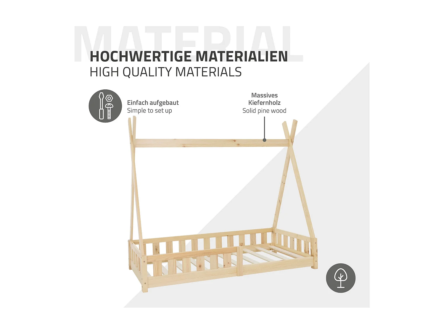 ML-Design Letto tepee per bambini 80x 160 cm con sponde, lettino tenda indiana da gioco in legno di pino massiccio naturale per cameretta bimbi