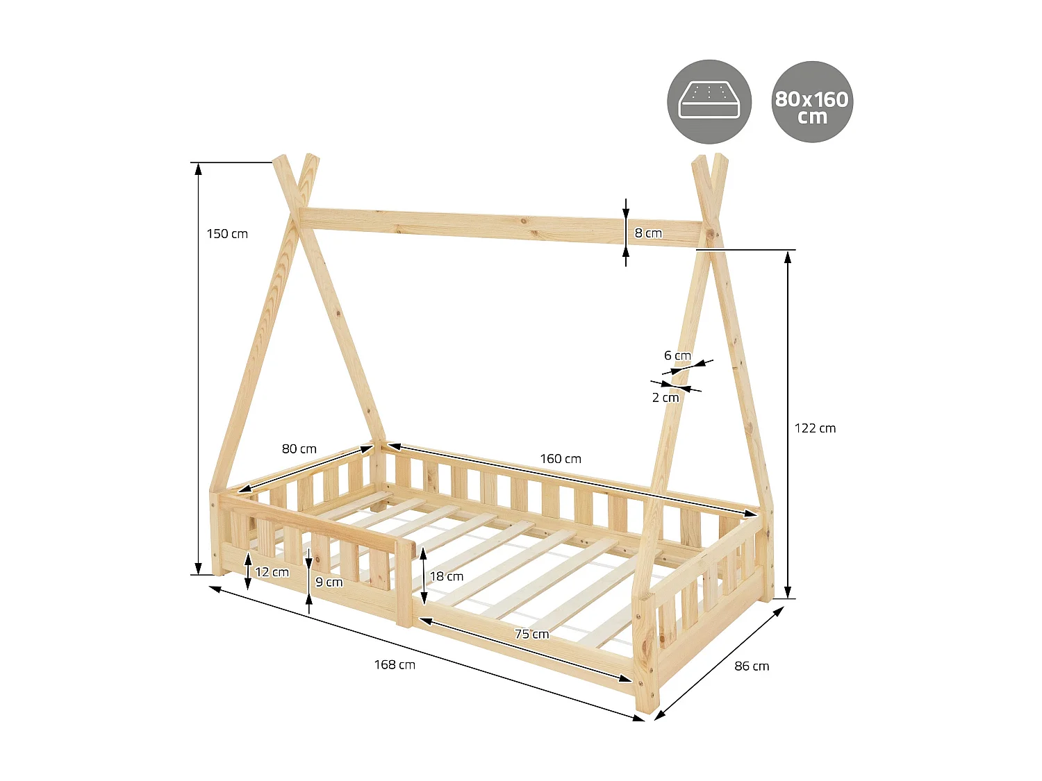ML-Design Letto tepee per bambini 80x 160 cm con sponde, lettino tenda indiana da gioco in legno di pino massiccio naturale per cameretta bimbi