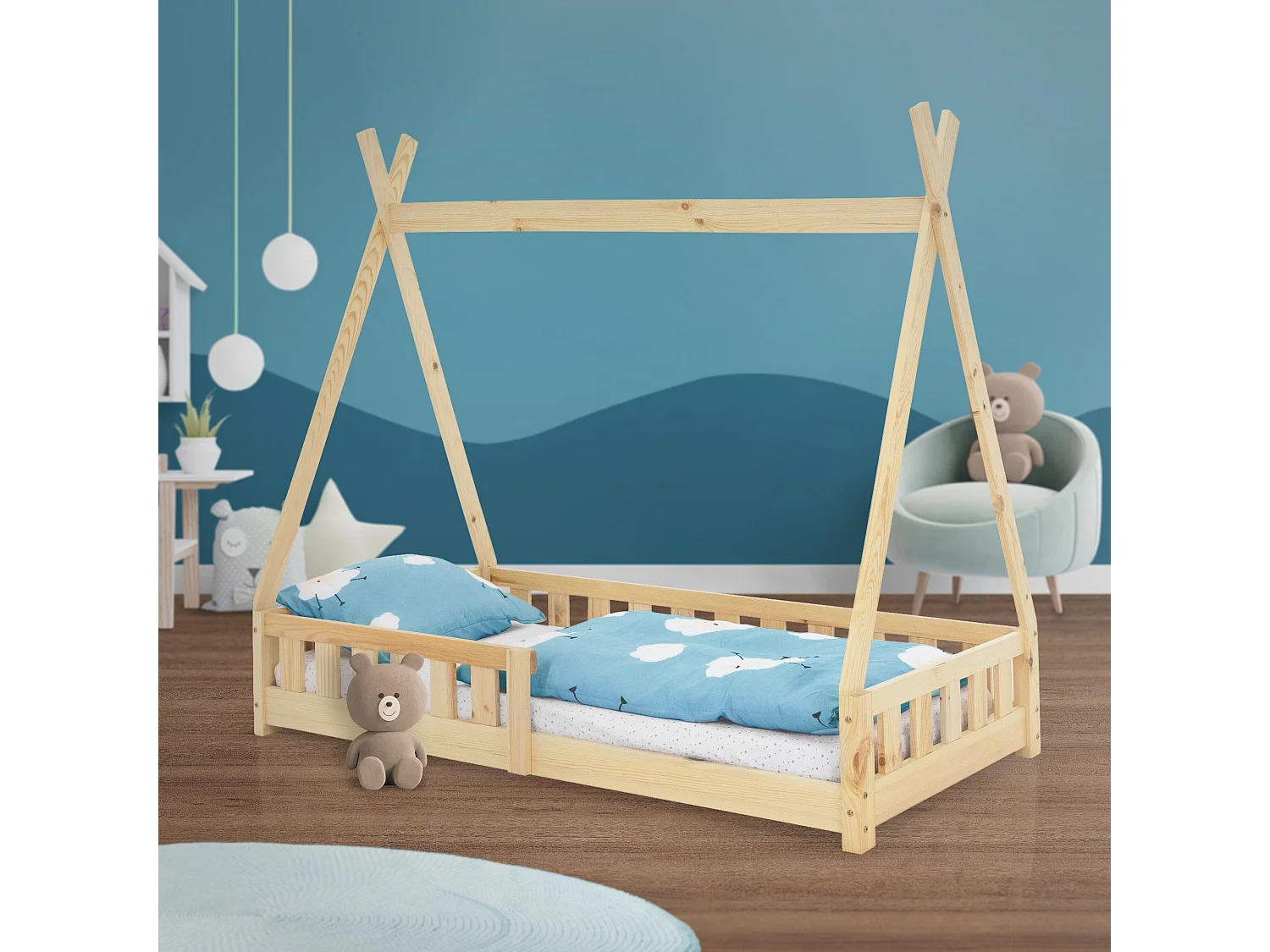 ML-Design Letto tepee per bambini 80x 160 cm con sponde, lettino tenda indiana da gioco in legno di pino massiccio naturale per cameretta bimbi