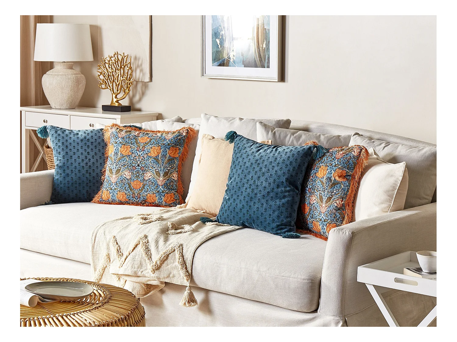 Almofada decorativa MITELLA Veludo 45 x 45 cm Azul Padrão floral