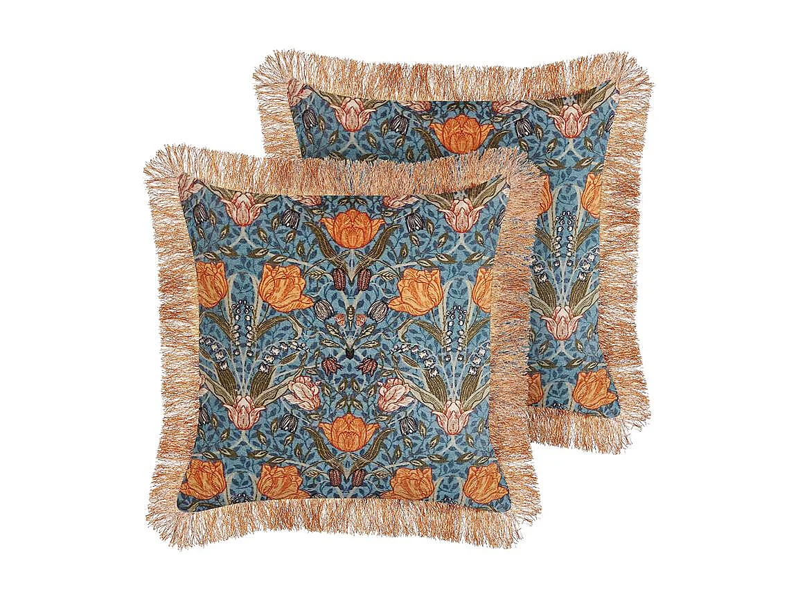 Set van 2 decoratieve kussens MITELLA Fluweel 45 x 45 cm Blauw Bloempatroon