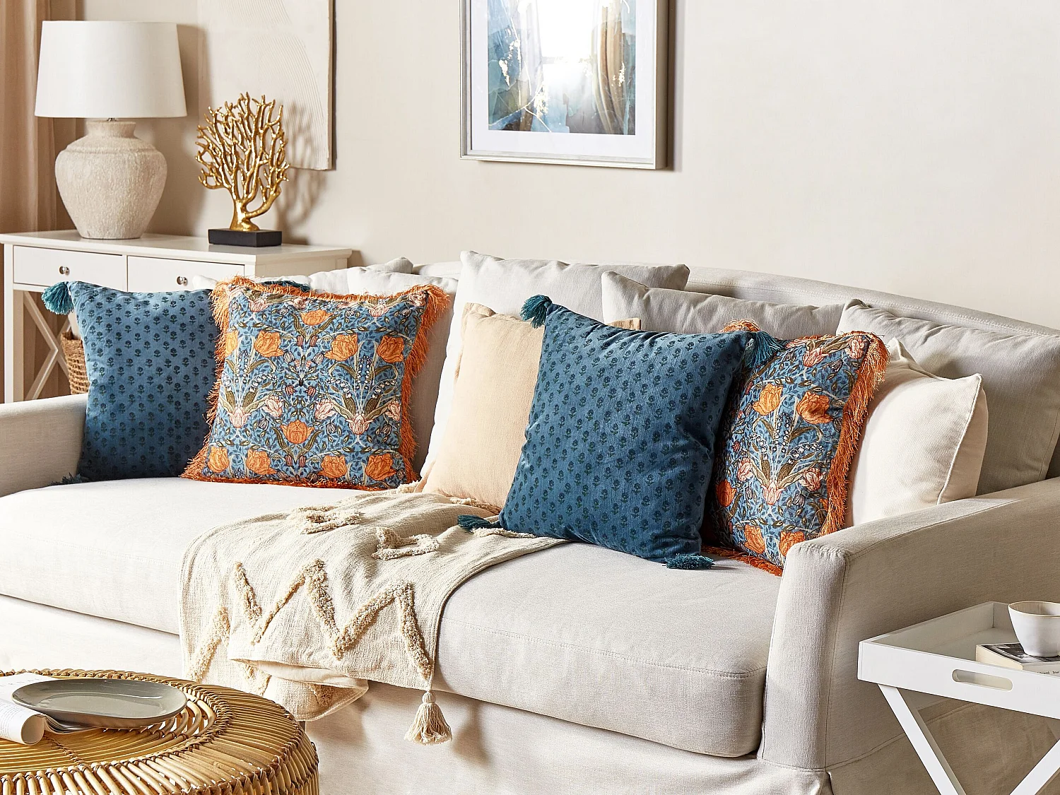 Set van 2 decoratieve kussens MITELLA Fluweel 45 x 45 cm Blauw Bloempatroon