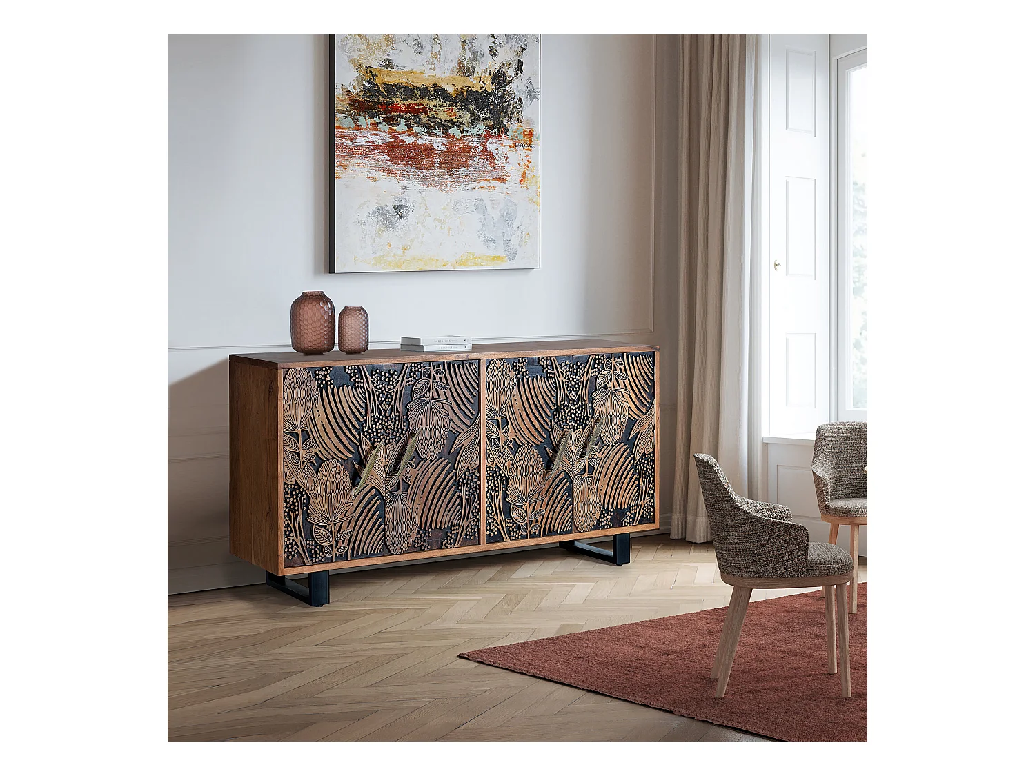 Buffet en bois d'acacia sculptée