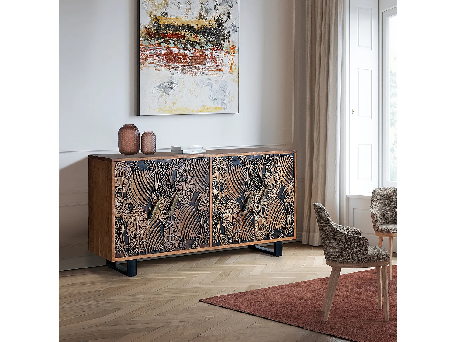 Buffet en bois d'acacia sculptée