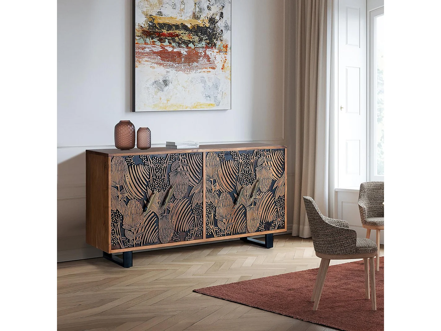 Buffet en bois d'acacia de style ethnique moderne - 94 x 190 x 42