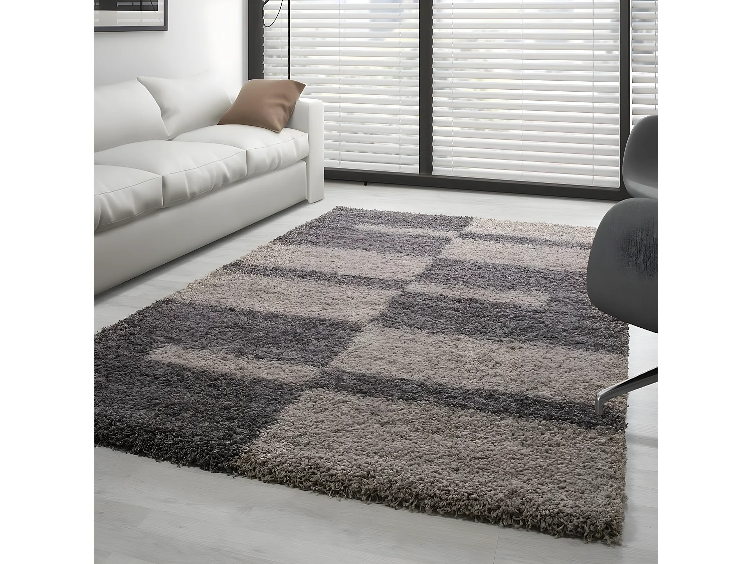 ROMA - Tapis Shaggy à motifs Traits - Taupe et Beige 200 x 290 cm