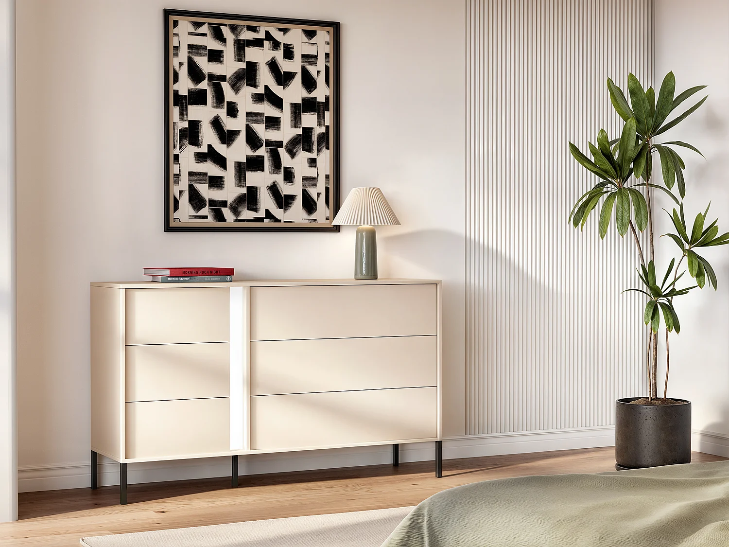 Commode 6 tiroirs - Avec LEDs - Beige - ELYNIA