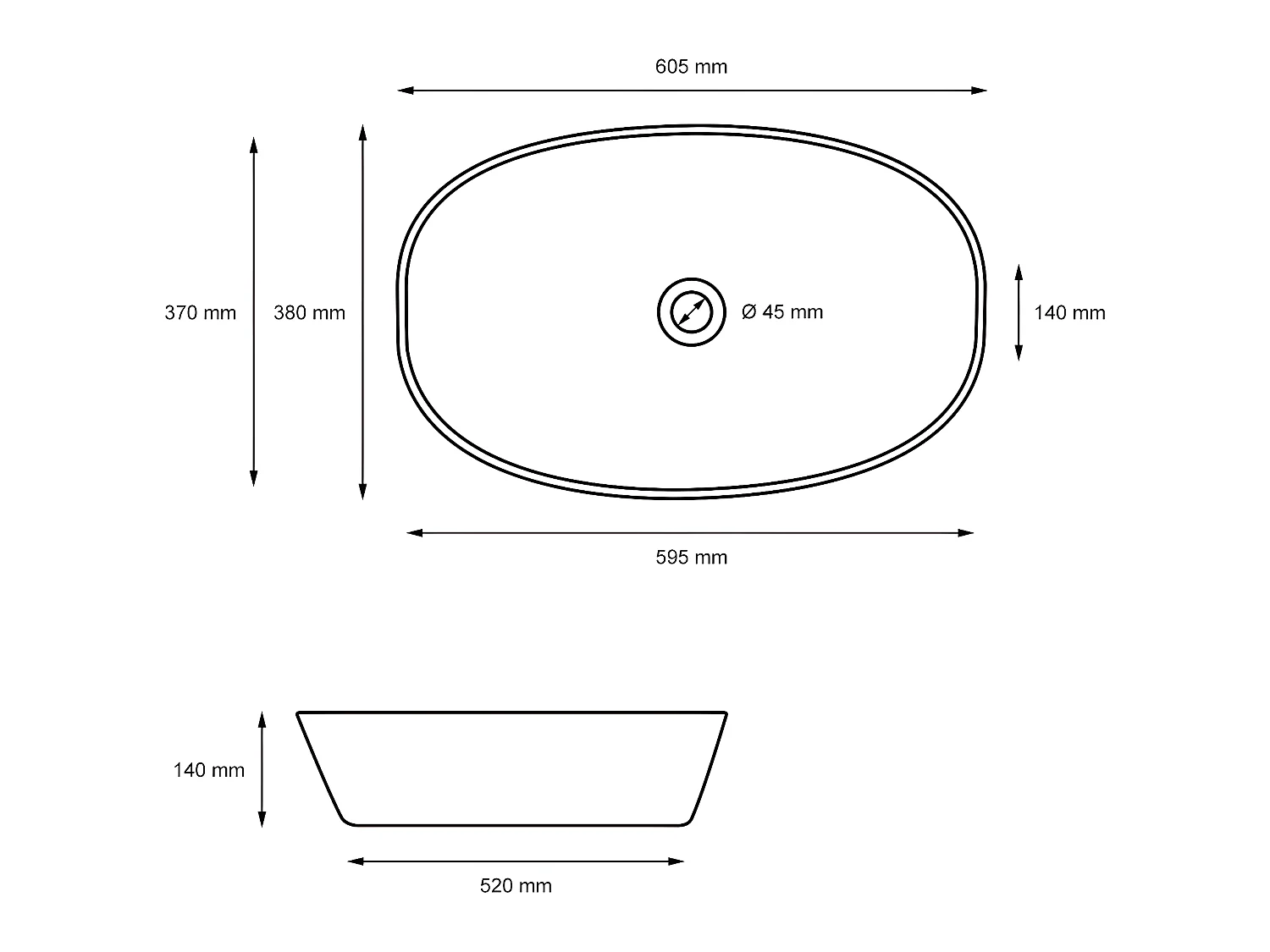 Lavabo de cerámica blanca con desagüe automático 605 x 380 mm ECD Germany
